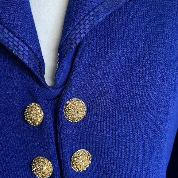 ST JOHN Evening Size 8 Royal Blue Santana Knit Blazer Jacket Removable Collar - Picture 3 of 11